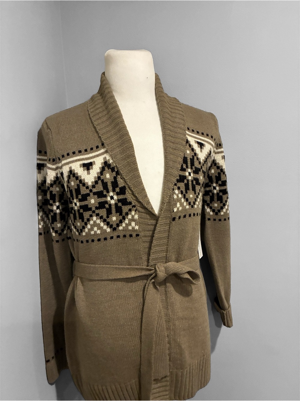 French Connection Tan Fair Isle Belted Cardigan Sweater - Picture 3 of 8